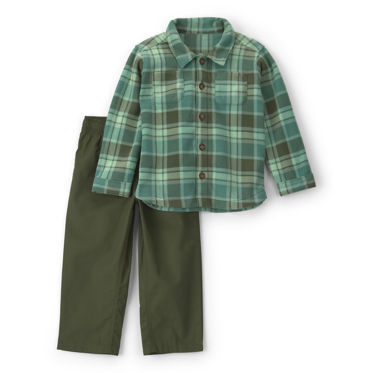 Conjunto 2 Piezas Carter's | Camisa Franela Cuadros Verde Teal + Pantalón Recto Verde Oliva | Bebé Niño (2T - 5T)