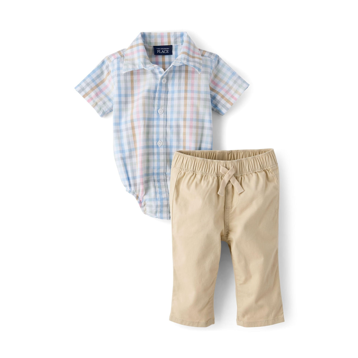 Conjunto 2 Piezas The Children's Place | Bodysuit Popelina Cuadros Pastel + Pantalón Chino Beige | Bebé Niño