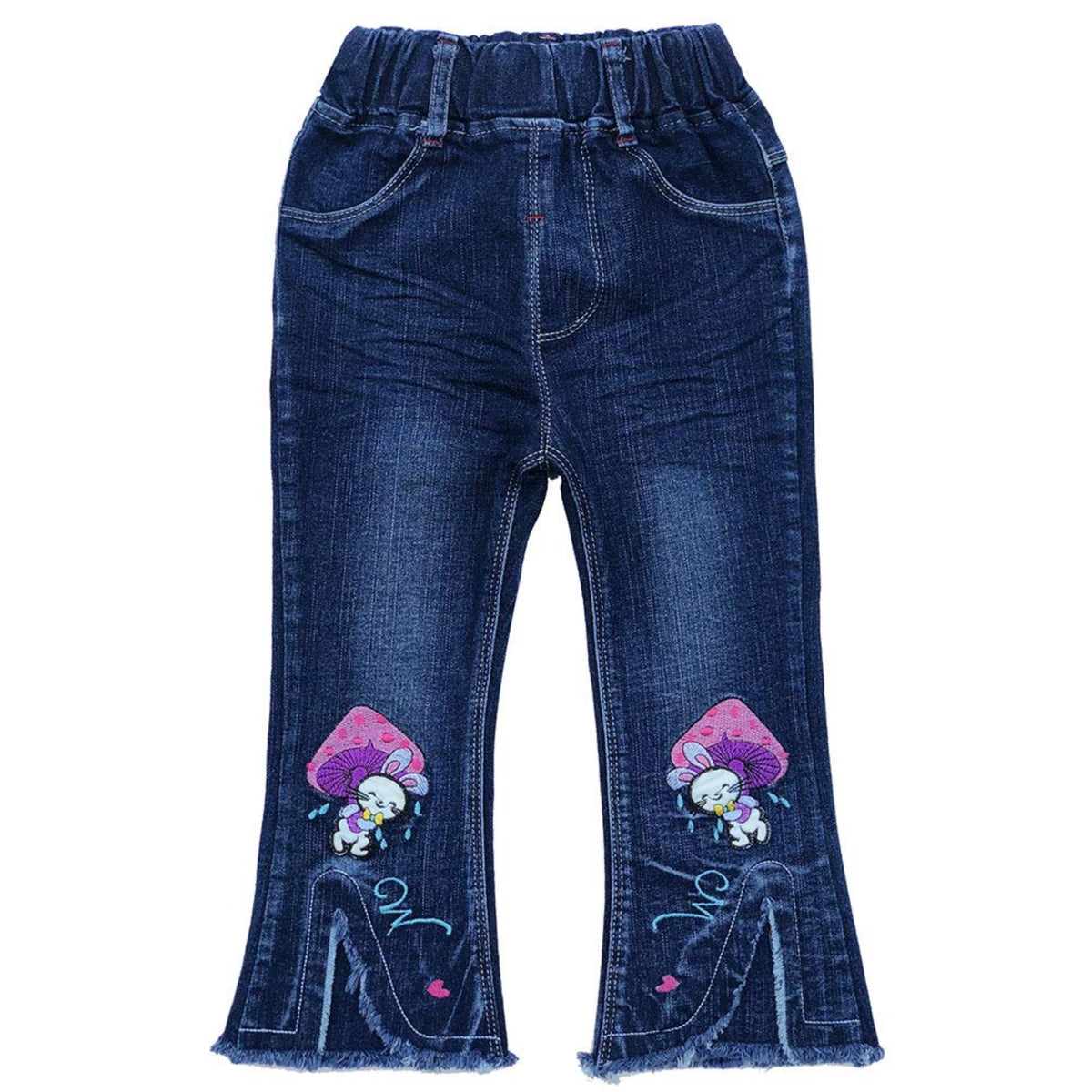 Jean Acampanado para Niña con Conejito y Hongos Bordados