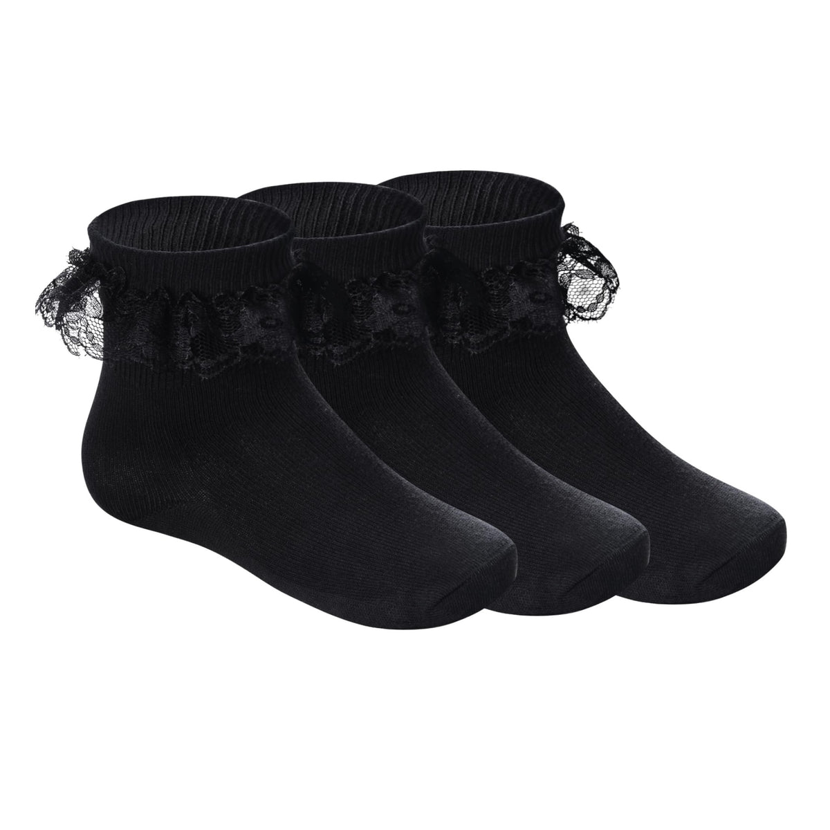 Pistha | Calcetines Nina Pack 3 Pares Volantes Encaje Doble Capa Negro Tobillero Algodon Princesa Uniforme Oscuro Boda (1 - 15T)