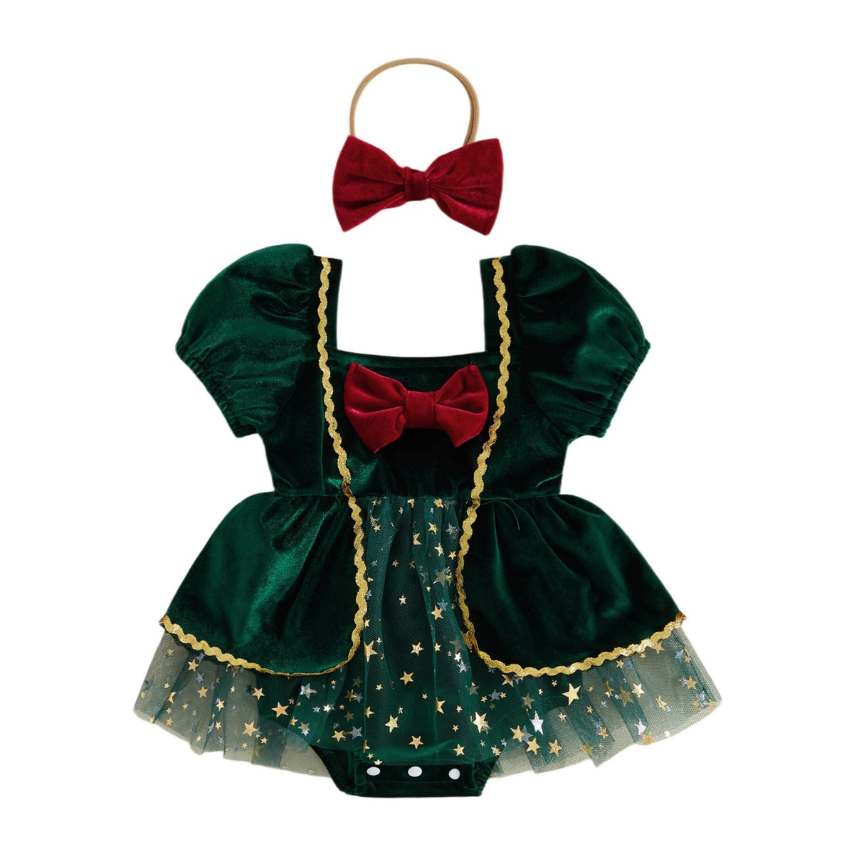 Mameluco Navideño de Terciopelo con Lazo y Tul Estrellas Bebé Niña - Verde