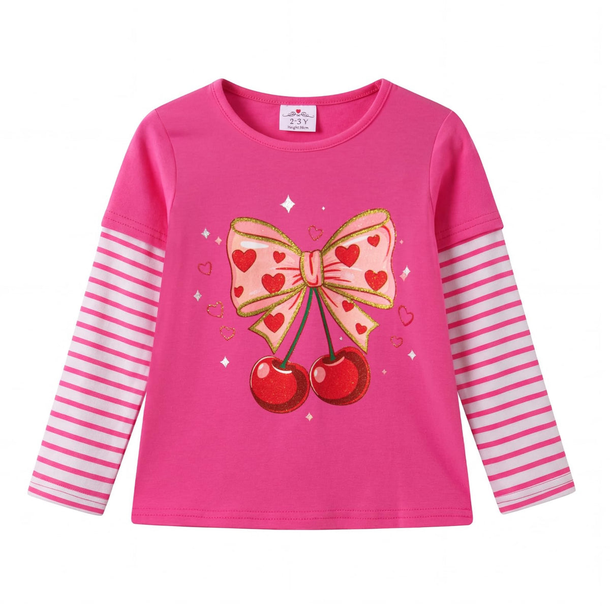 Top de Manga Larga con Lazo y Cerezas para Niñas – Rosa Fucsia a Rayas Rosa y Blanco, Algodón  (2-12 Años)