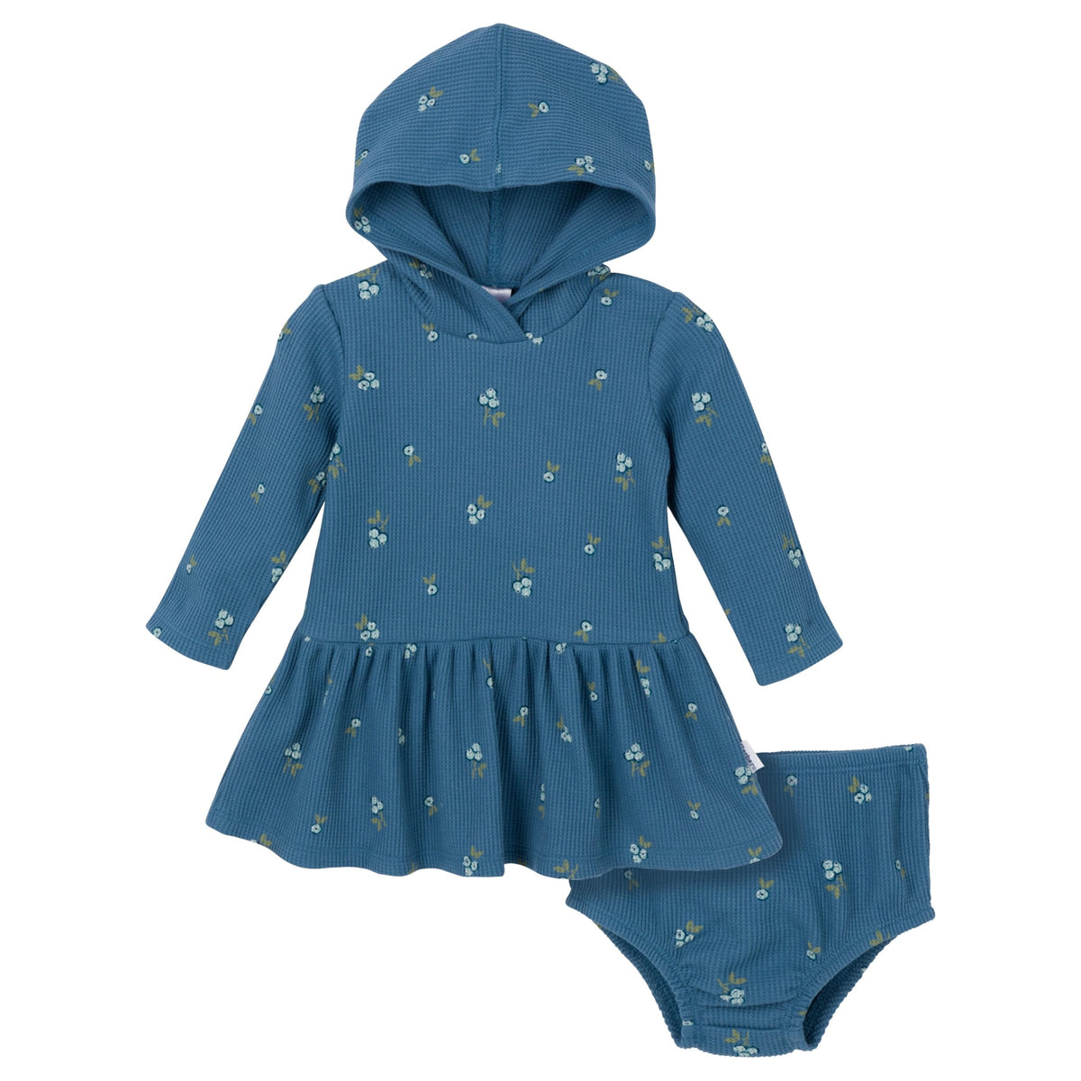 Gerber | Conjunto 2 Piezas Vestido Capucha Floral Azul Manga Larga y Cubre Pañal Bebé Niña