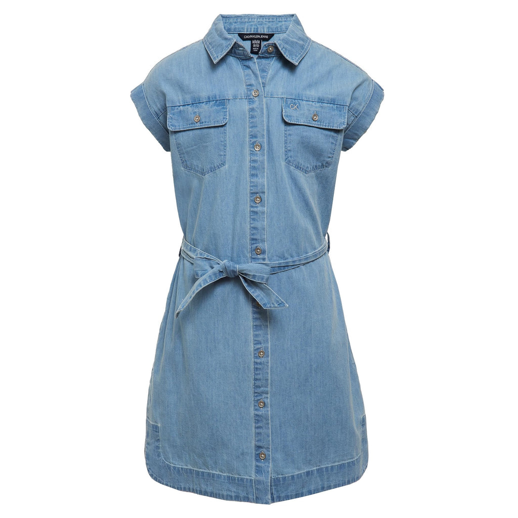 Calvin Klein Jeans Vestido Camisero Denim Niña | Azul Chambray • Manga Corta • Cinó Lazo • 2 Bolsillos Logo CK