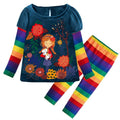 Conjunto 2 Piezas Top y Leggings con Niña en Jardín para Niñas – Azul Verdoso con Rayas Arcoíris, Algodón (Solo 3T)