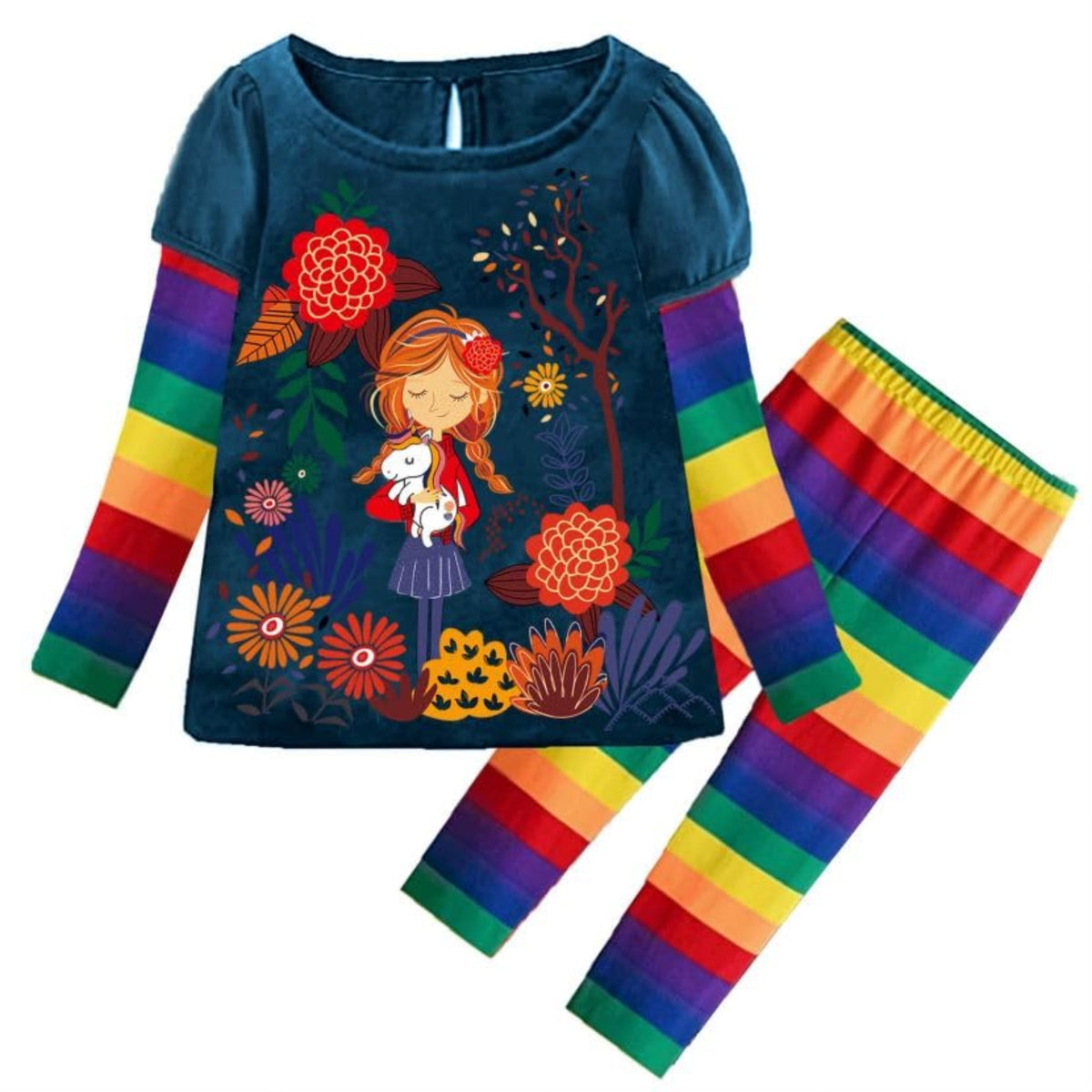 Conjunto 2 Piezas Top y Leggings con Niña en Jardín para Niñas – Azul Verdoso con Rayas Arcoíris, Algodón (Solo 3T)