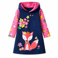 Vestido Hoodie de Zorro y Flores para Niñas – Manga Larga Azul Marino a Rayas, Algodón (3 - 12T)