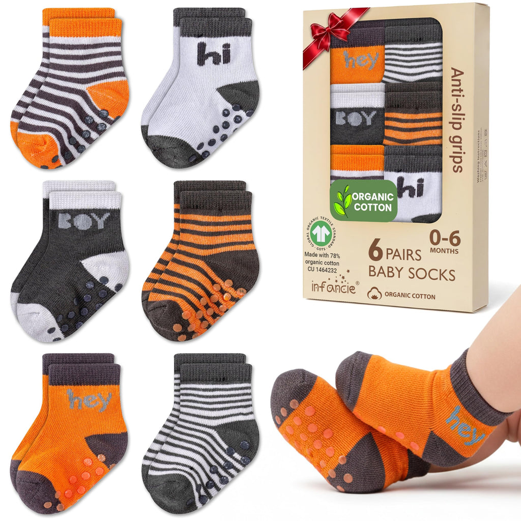 infancie | Calcetines Bebé Niño Pack 6 Algodón Orgánico GOTS Antideslizante Estampados Naranja Gris 0-6 Meses