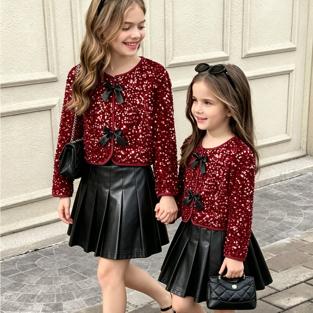 Conjunto Elegante de Chaqueta Burdeos con Lentejuelas y Falda Plisada Negra para Niñas (Estilo Retro y Moderno para Primavera y Otoño) (Solo Talla 11Y)