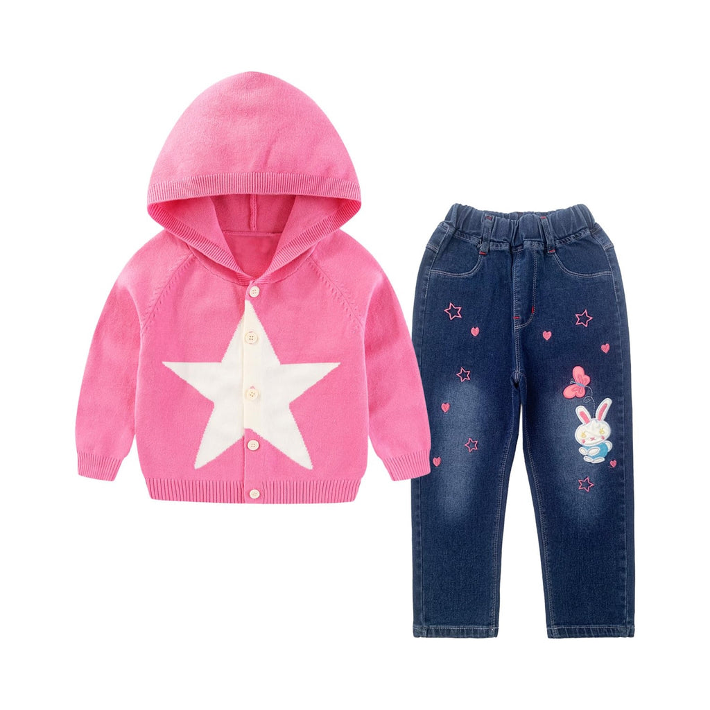 Conjunto 2 Piezas para Niña: Cardigan con Capucha Estrella y Jeans Conejito