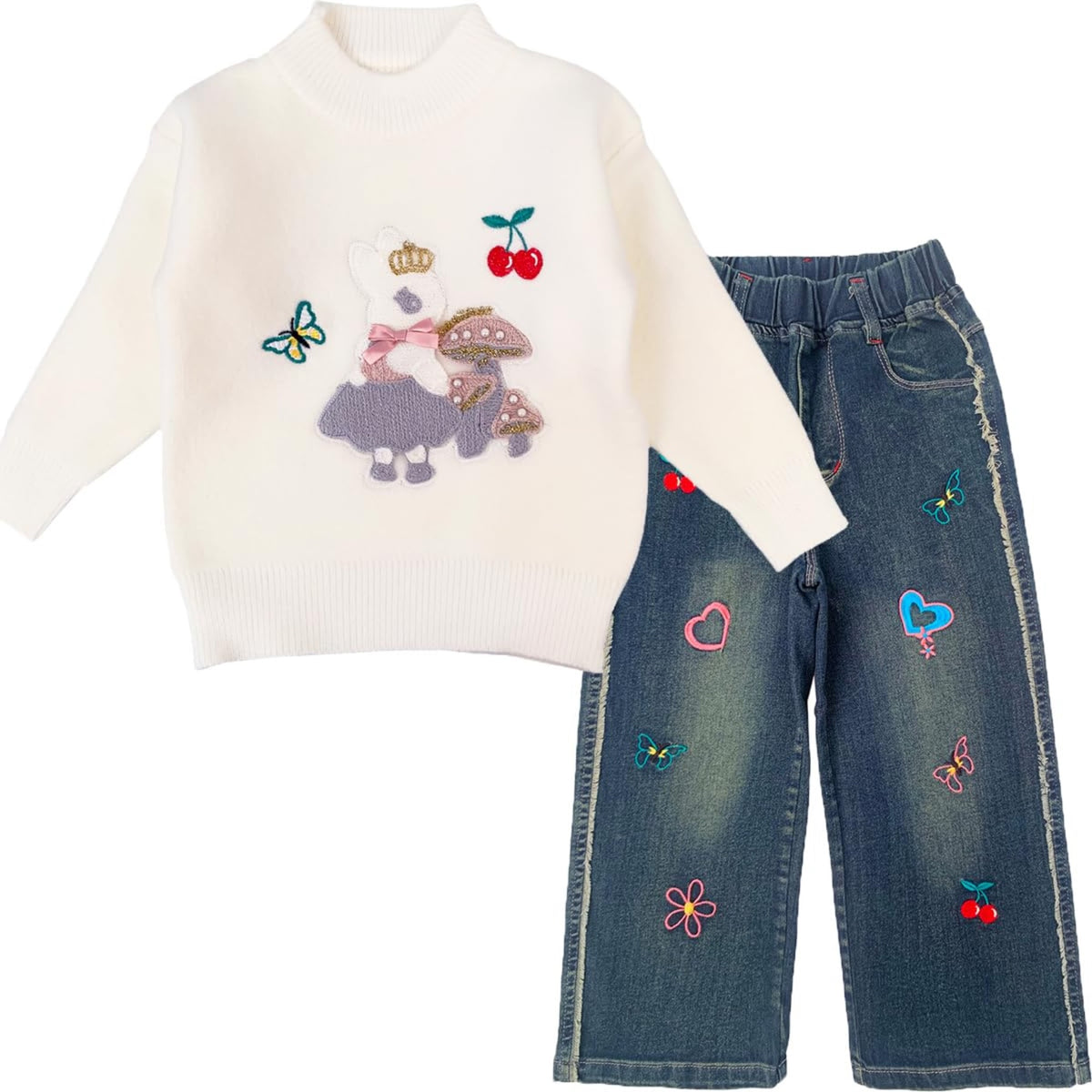 Conjunto 2 Piezas para Niña: Suéter con Osito Corona 3D y Jeans Wide-Leg Bordados  (Solo 5-6T)