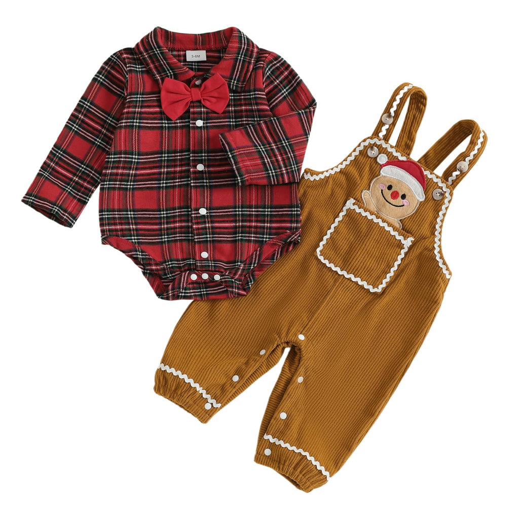 Plaid Gingerbread Boy Set | Conjunto 2 Piezas Bebé — Body Camisa Cuadros Rojo + Overol Pana Mostaza + Galleta de Jengibre
