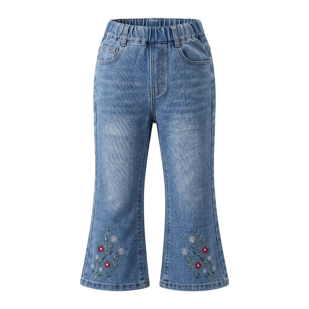 Jean acampanado niña flores silvestres bordadas margaritas rojas blancas - frente