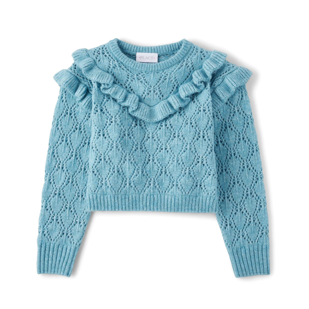 The Children's Place Suéter Niña | Azul Aqua Calado con Volante • Manga Larga • Cuello Redondo