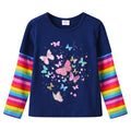 Top de Manga Larga con Mariposas para Niñas – Azul Marino con Rayas Arcoíris, Algodón (2-12 Años)