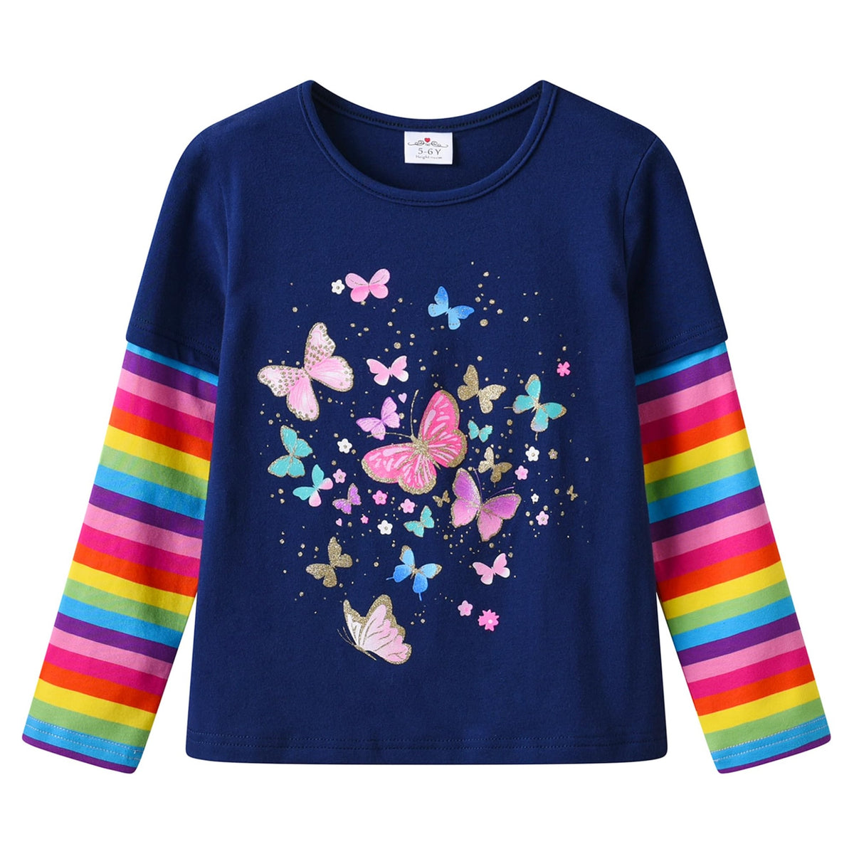 Top de Manga Larga con Mariposas para Niñas – Azul Marino con Rayas Arcoíris, Algodón (2-12 Años)