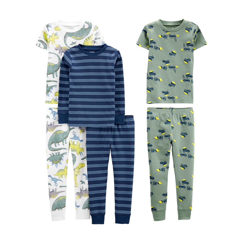 Set Pijama 6 Piezas Simple Joys by Carter's | 3 Conjuntos 100% Algodón + Dinosaurios + Rayas + Camiones | Niño (6M - 8T)