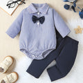 Conjunto Formal de 2 Piezas "Little Gentleman" para Bebé – Pañalero de Manga Larga a Rayas con Pajarita y Pantalón Azul Marino (Todas las Temporadas) (0M - 12M)