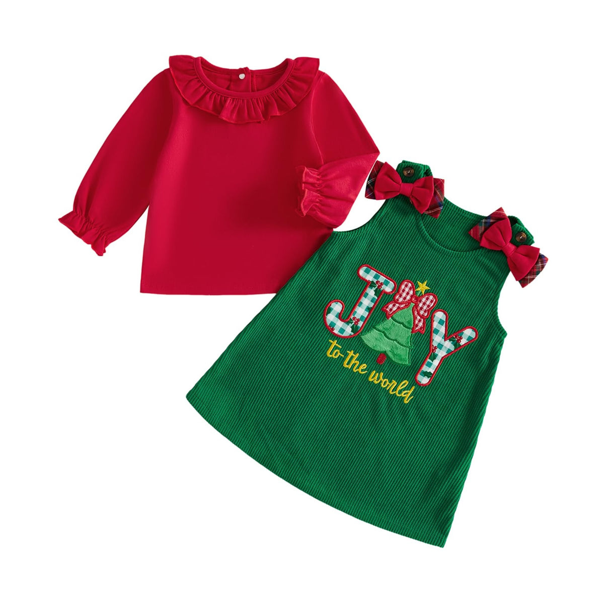 Joy to the World Girl Set | Conjunto 2 Piezas Niña — Blusa Roja Volantes + Vestido Pana Verde + JOY Bordado + Moños Cuadros