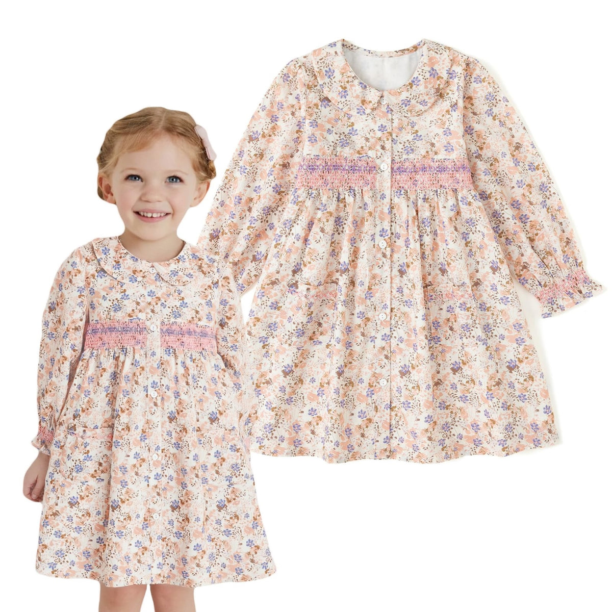 Vestido de Manga Larga 100% Algodón con Cuello con Volantes y Estampado Floral en Tonos Rosados para Niña (B-rosa-amarillo) (12M - 8T)