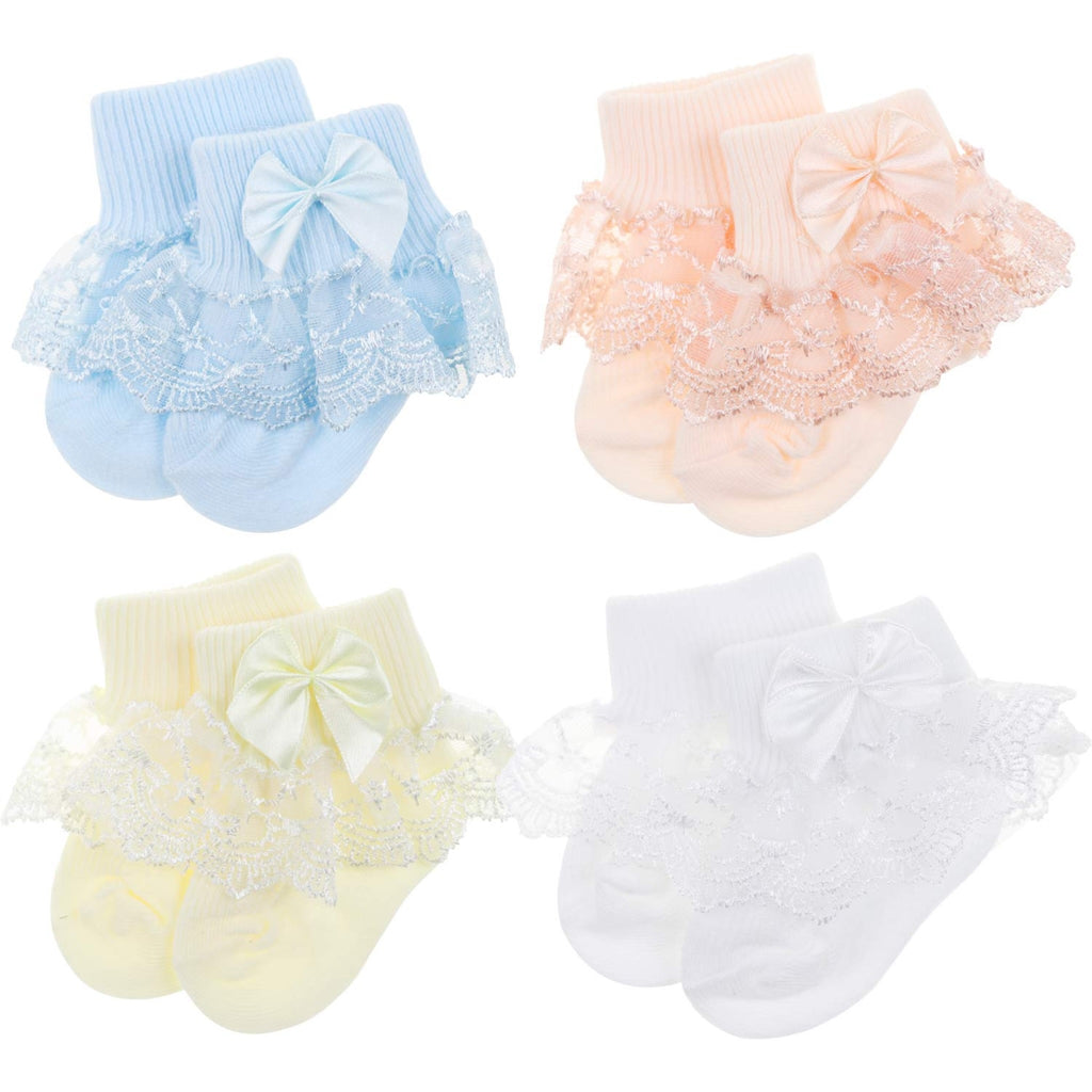 Calcetines Bebé Niña Pack 4 Algodón Canalé Encaje Volante Lazo Satín Azul Melocotón Crema Blanco Pastel