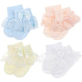 Calcetines Bebé Niña Pack 4 Algodón Canalé Encaje Volante Lazo Satín Azul Melocotón Crema Blanco Pastel