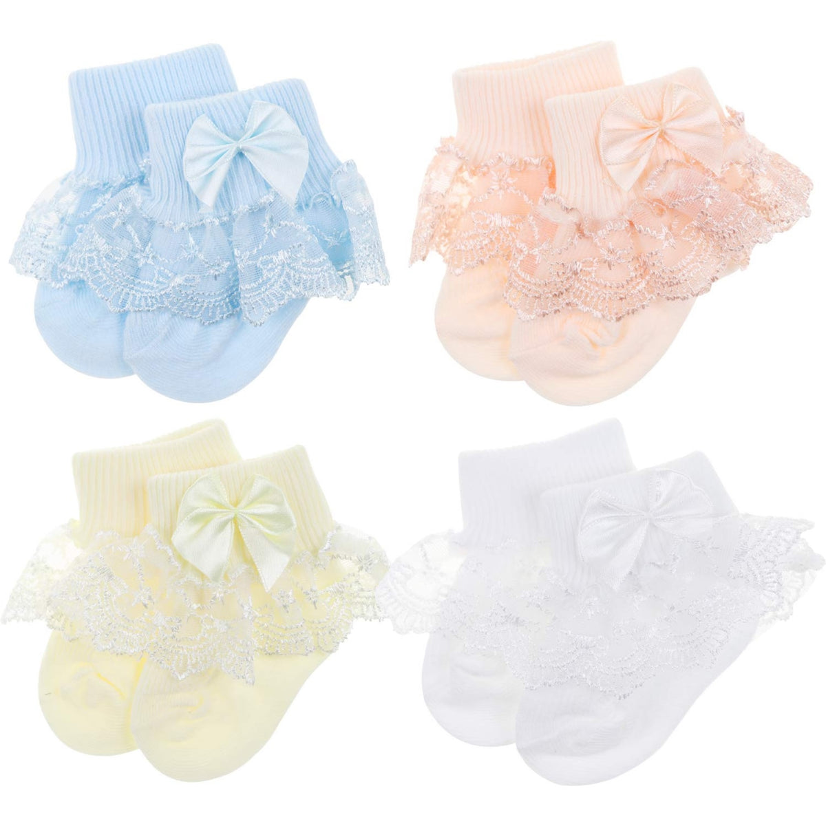 Calcetines Bebé Niña Pack 4 Algodón Canalé Encaje Volante Lazo Satín Azul Melocotón Crema Blanco Pastel