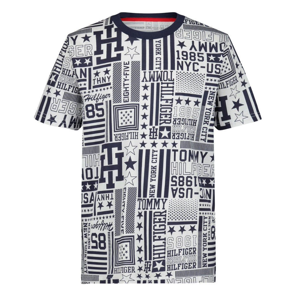 Tommy Hilfiger | Camiseta Niño Manga Corta Estampado NYC USA 1985 Patchwork All-Over 100% Algodón Azul Marino Blanco (8-16T)