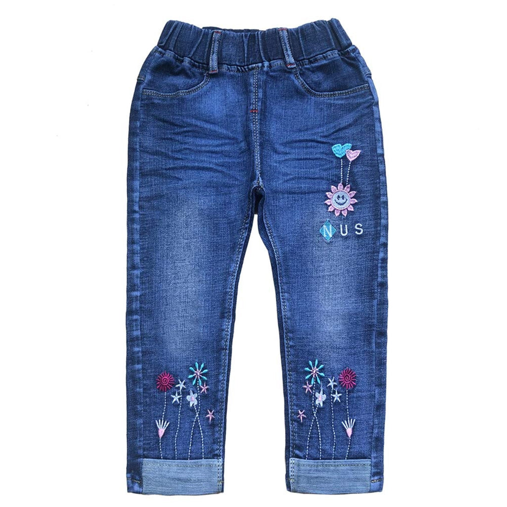 Jean para Niña con Bordado de Sol, Flores y Corazones