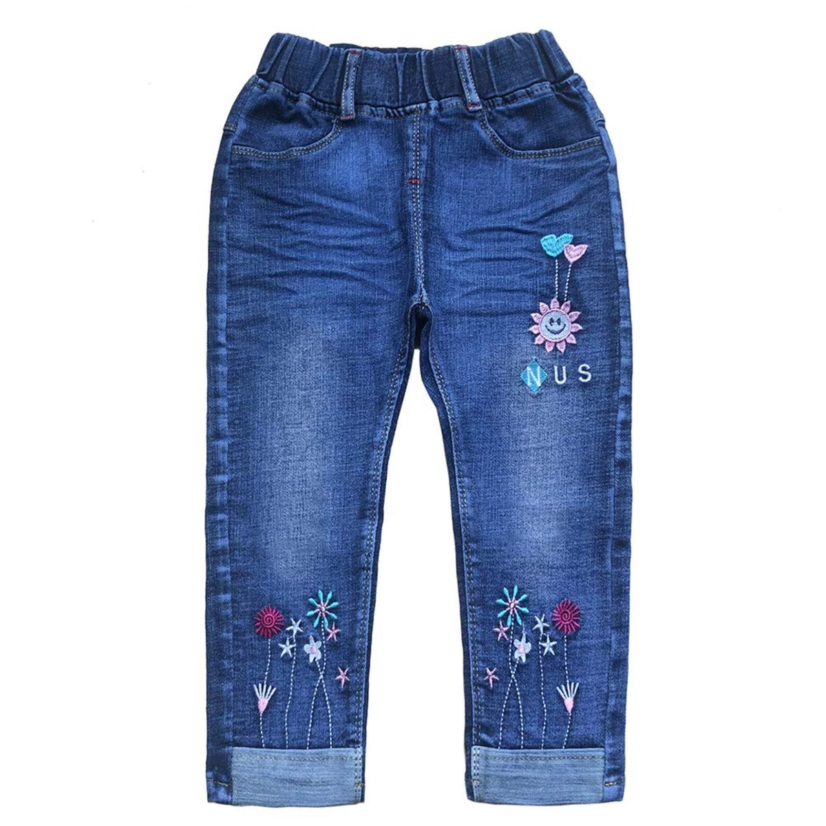 Jean para Niña con Bordado de Sol, Flores y Corazones