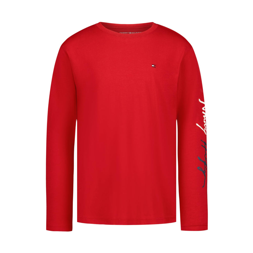 Tommy Hilfiger | Camiseta Niño Manga Larga Firma Script Manga Logo Bandera Bordado 100% Algodón Rojo (8-16T)