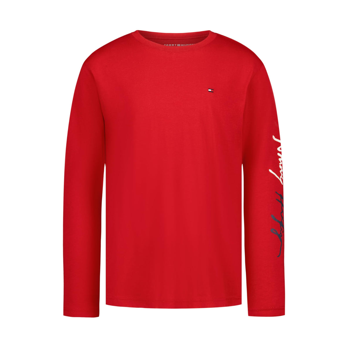 Tommy Hilfiger | Camiseta Niño Manga Larga Firma Script Manga Logo Bandera Bordado 100% Algodón Rojo (8-16T)