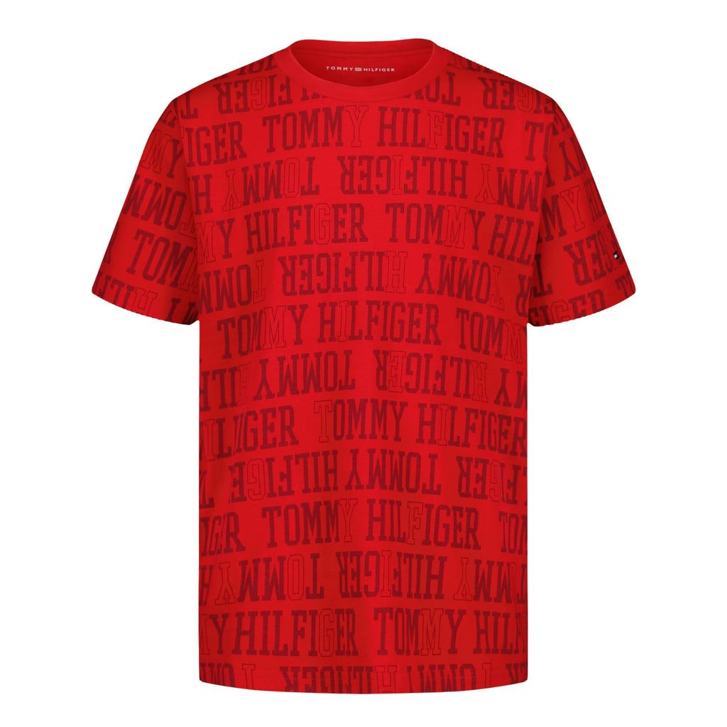 Tommy Hilfiger | Camiseta Niño Manga Corta Texto Tonal All-Over Monocromático Logo Manga 100% Algodón Rojo (8-16T)