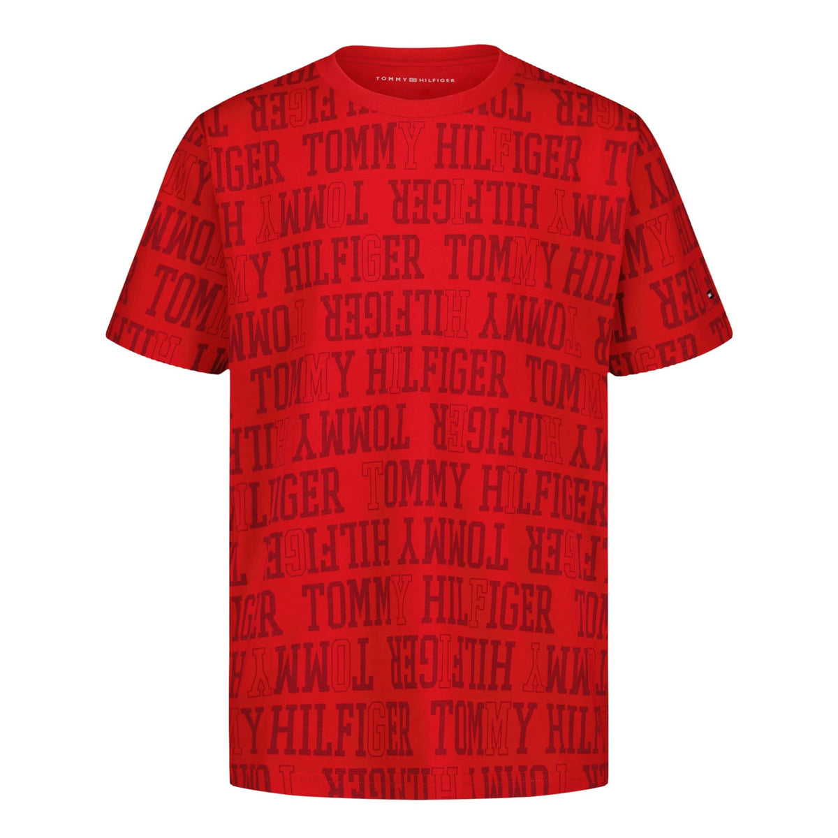 Tommy Hilfiger | Camiseta Niño Manga Corta Texto Tonal All-Over Monocromático Logo Manga 100% Algodón Rojo (8-16T)