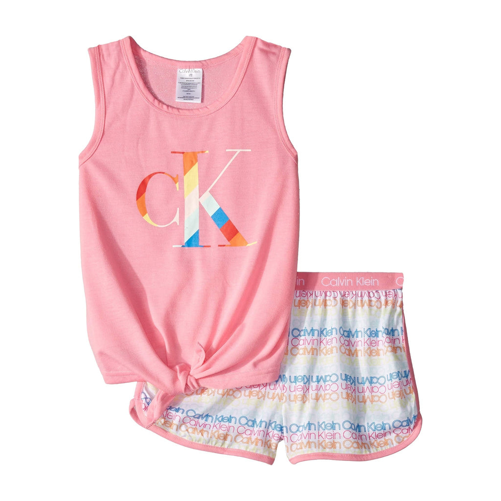 Pijama 2 Piezas Calvin Klein | Tank Rosa Monograma “CK” Gigante Multicolor + Short All-Over Logo Arcoíris | Niña Rosa (6T - 16T)
