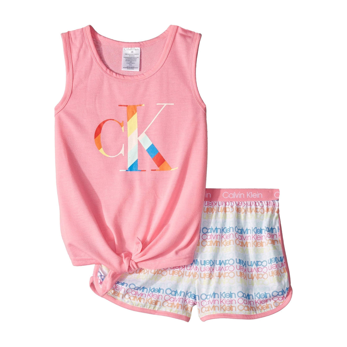 Pijama 2 Piezas Calvin Klein | Tank Rosa Monograma “CK” Gigante Multicolor + Short All-Over Logo Arcoíris | Niña Rosa (6T - 16T)