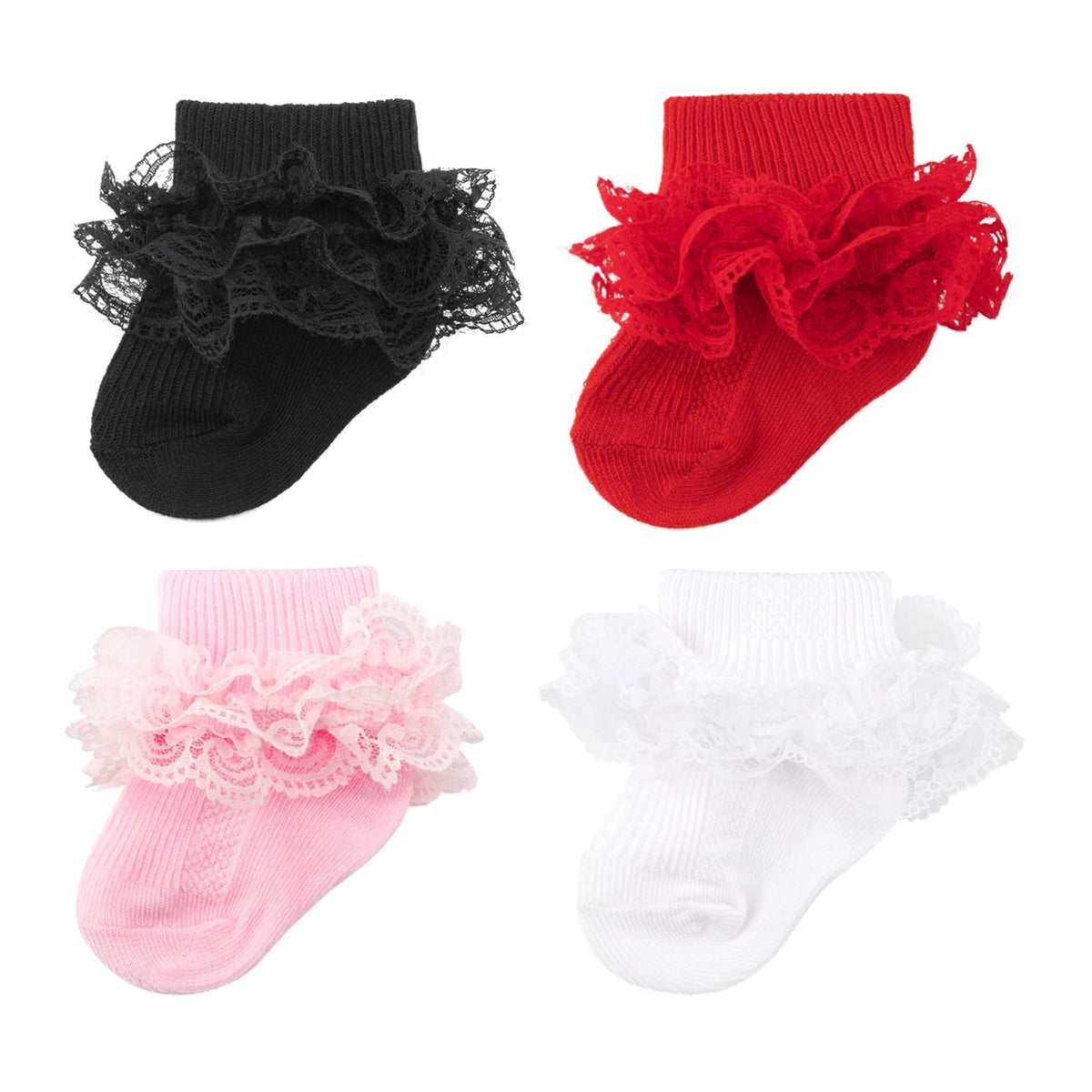 Calcetines Bebé Niña Pack 4 Algodón Canalé Encaje Volante Tul Negro Rojo Rosa Blanco Ocasión