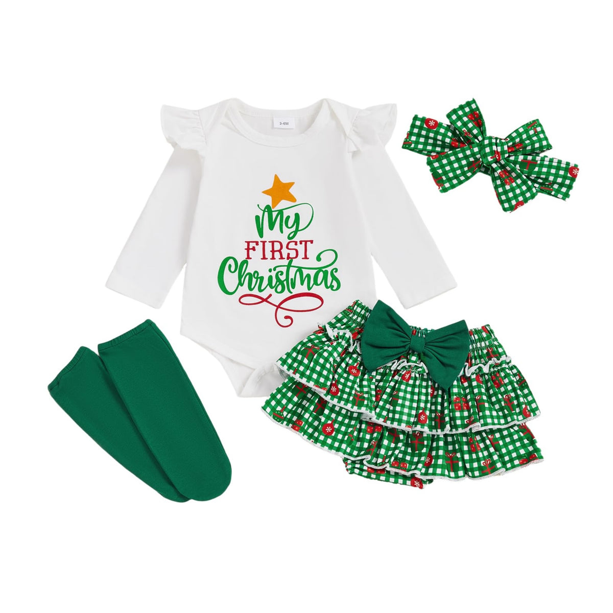 My First Christmas | Conjunto Navideño Bebé Niña Falda Cuadros Verde + Medias + Diadema