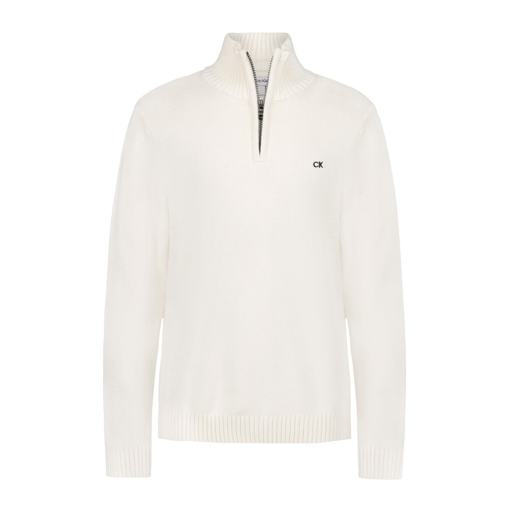 Suéter Half-Zip Calvin Klein | Mock-Neck Acanalado Blanco Crema + Logo CK | 100% Algodón | Niño (8T - 16T)