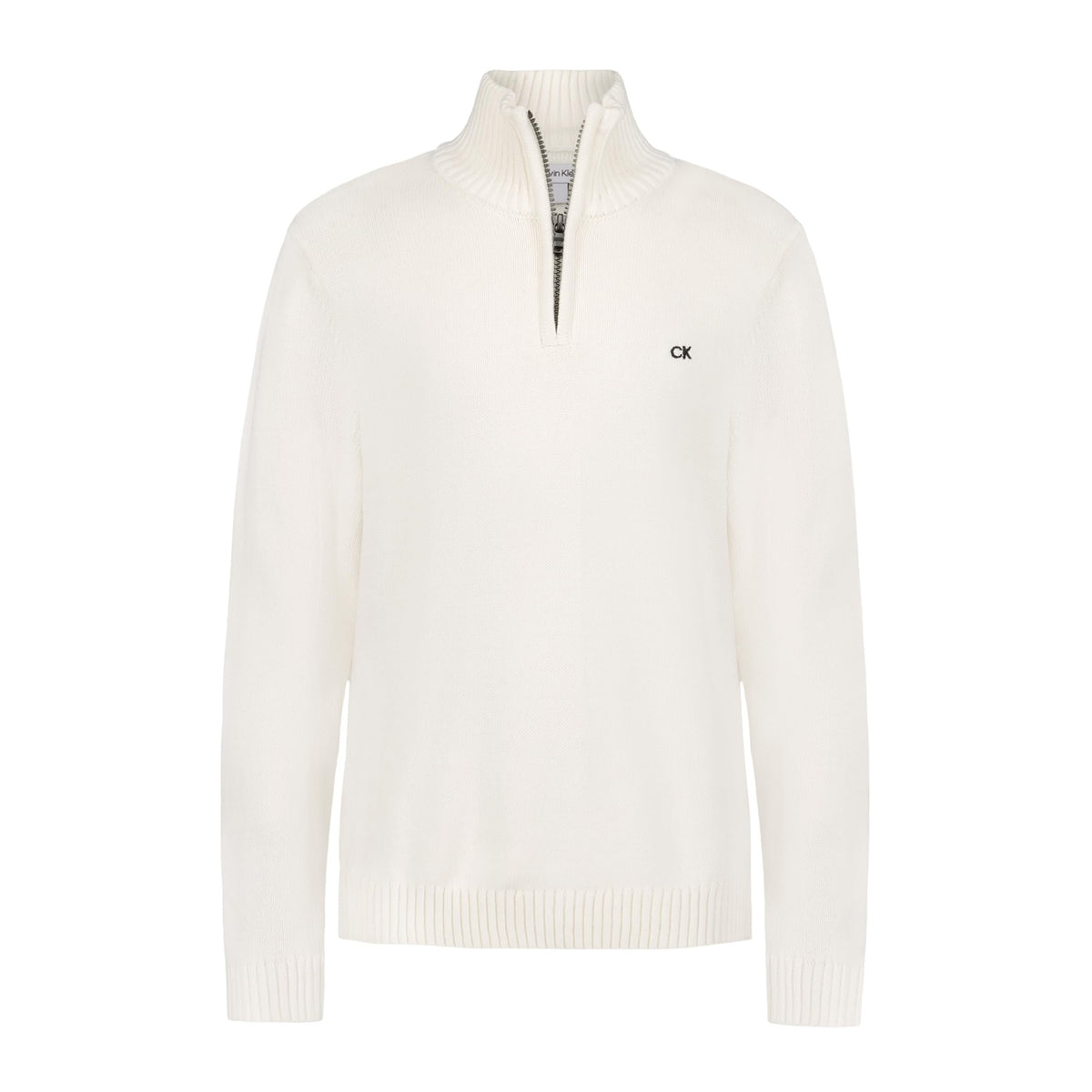 Suéter Half-Zip Calvin Klein | Mock-Neck Acanalado Blanco Crema + Logo CK | 100% Algodón | Niño (8T - 16T)