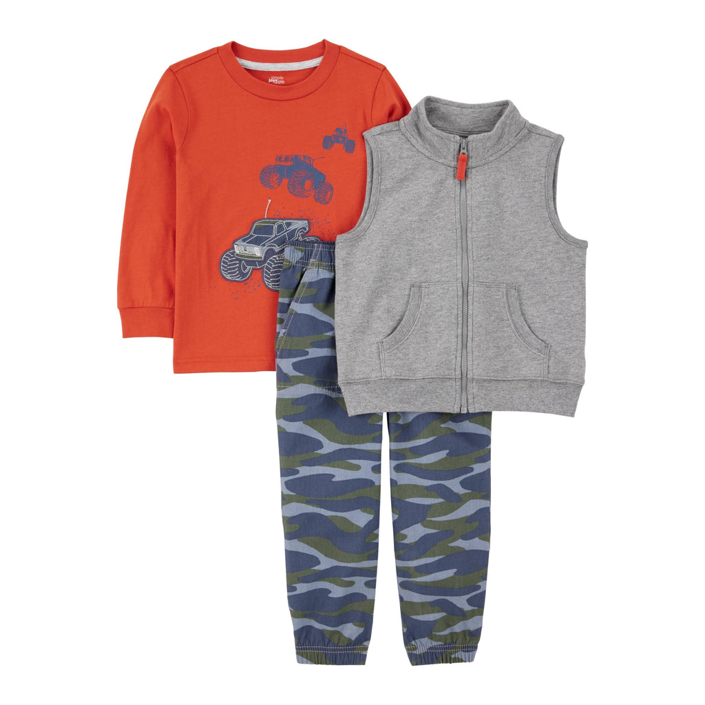 Simple Joys by Carter's Conjunto 3 Piezas Niño | Monster Truck — Camiseta Roja + Chaleco Gris + Jogger Camuflaje