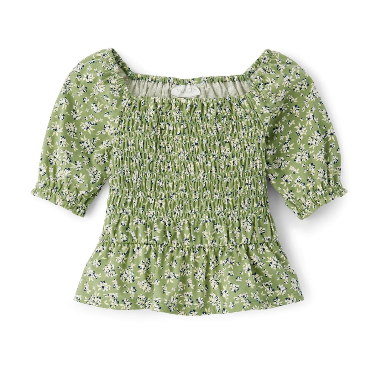 The Children's Place | Top Nina Manga Abullonada Corta | Cuerpo Frontal Totalmente Smocked | Cuello Cuadrado Elastico | Puno Elastico en Manga | Floral Ditsy Blanco + Navy sobre Verde Salvia (7 - 12T)