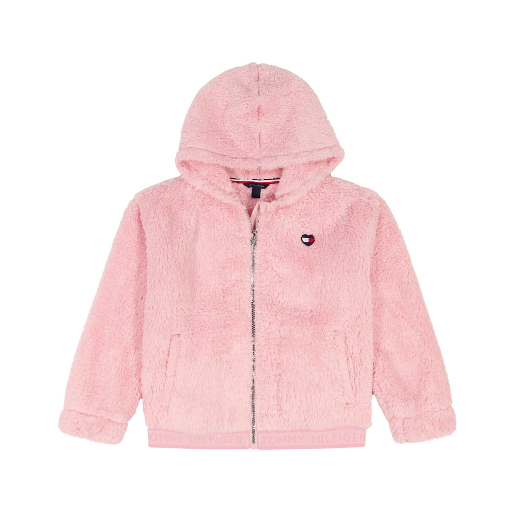 Chaqueta Sherpa Teddy Full-Zip Tommy Hilfiger | Faux Fur Fluffy Rosa Palo + Logo Corazón TH | Niña (7T -16T)