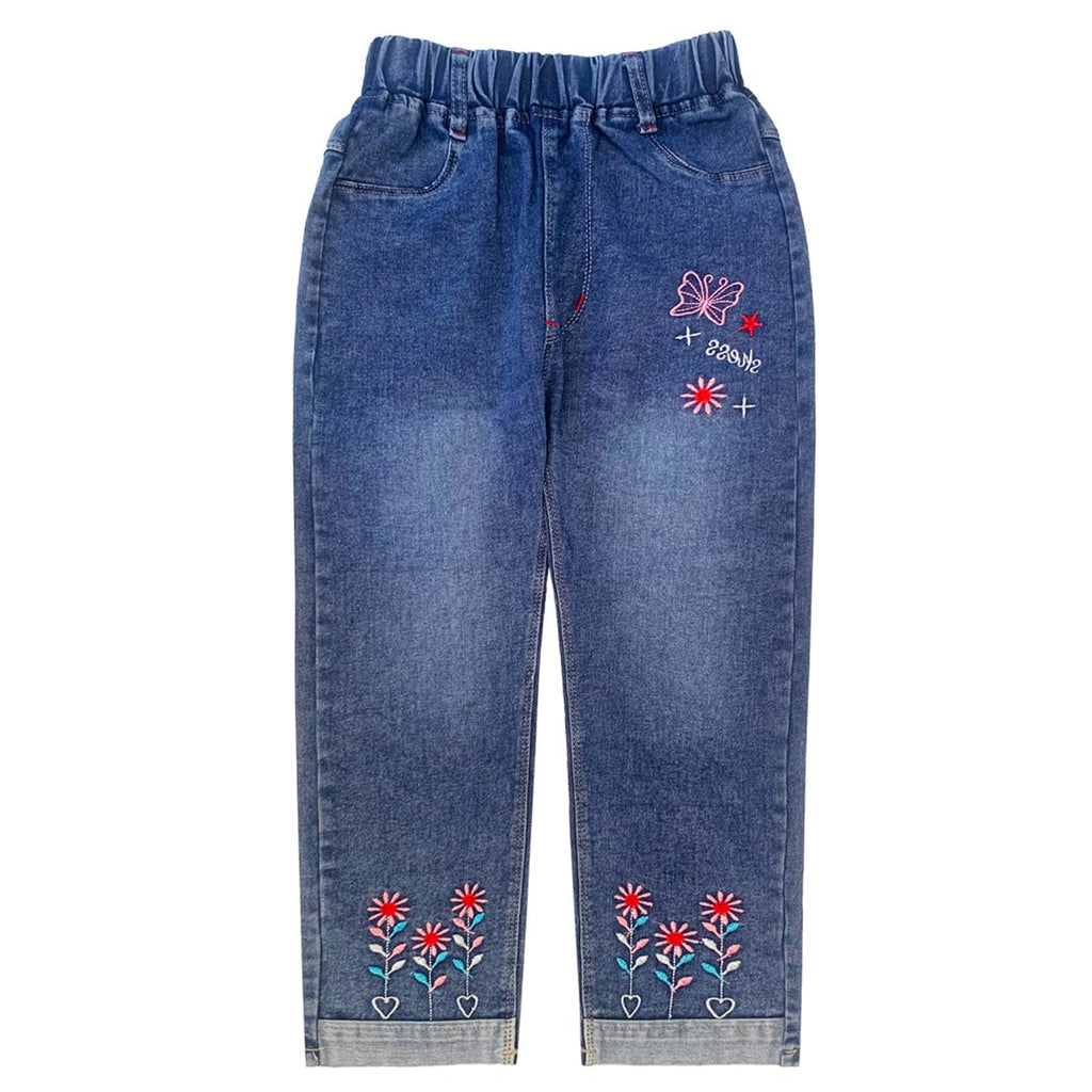 Jean Recto para Niña con Girasoles Bordados y Mariposa