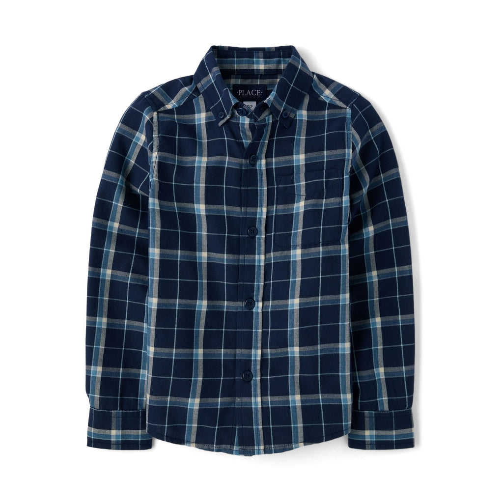 The Children's Place Camisa de Franela Tartán Manga Larga con Botones – Azul Marino (Solo 4T)