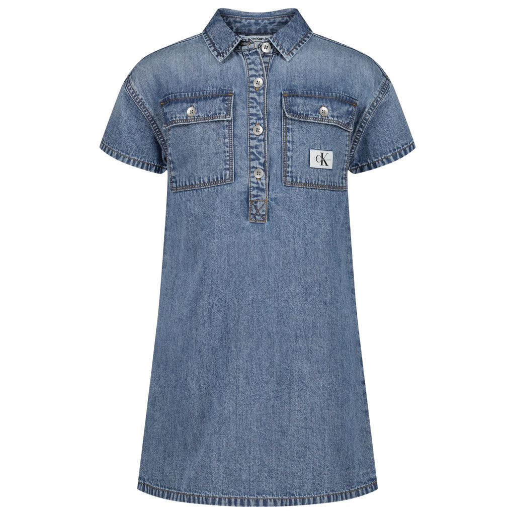 Calvin Klein Jeans Vestido Denim Niña | Azul Dante Wash • Manga Corta • Parche Logo CKJ • Silueta Acampanada