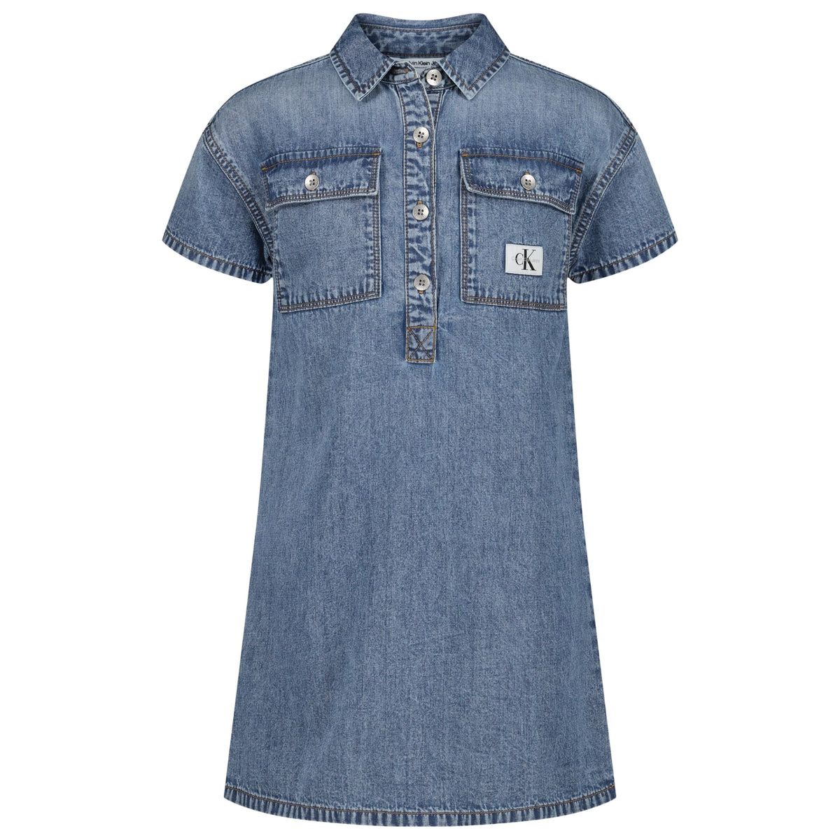 Calvin Klein Jeans Vestido Denim Niña | Azul Dante Wash • Manga Corta • Parche Logo CKJ • Silueta Acampanada