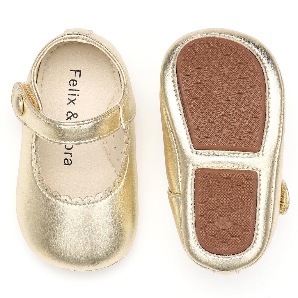 Zapatos de Vestir Antideslizantes de Suela Suave con Velcro para Bebé (Oro Brillante) – Félix & Flora