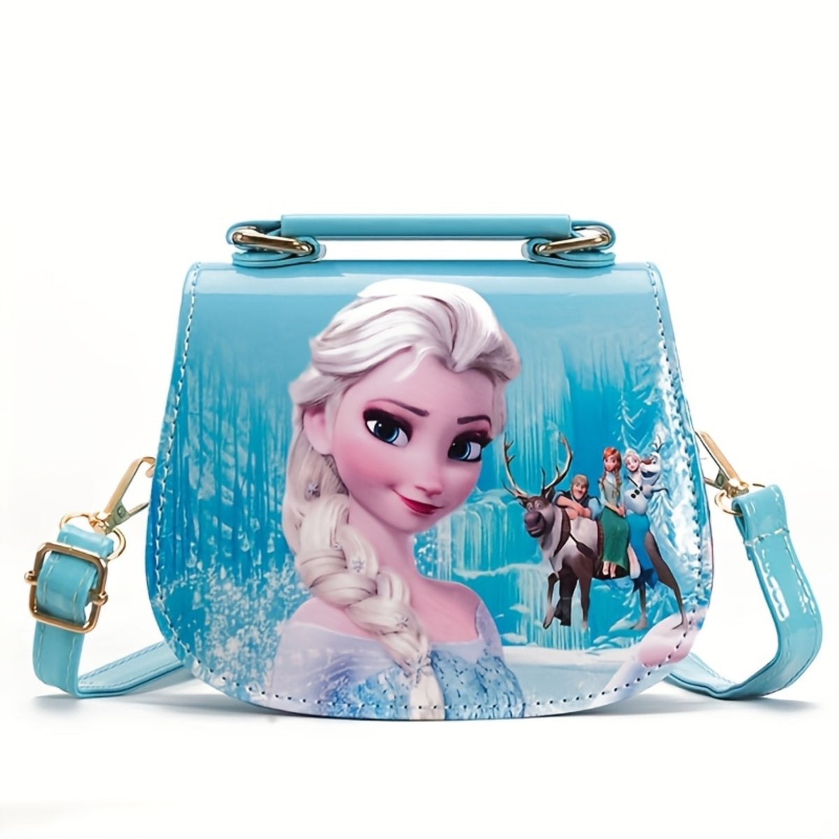 Mini Bolso Bandolera y de Hombro Azul con Diseño de Princesa Animada y Efecto Charol (Ideal para Regalos y Ocasiones Especiales)