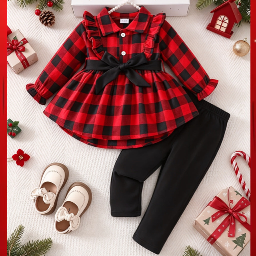 Conjunto Navideño de 2 Piezas para Bebé Niña: Blusa de Manga Larga a Cuadros Rojos con Lazo Negro y Pantalón Largo (Ideal para Fiestas y Otoño/Invierno) (6M - 3Y)